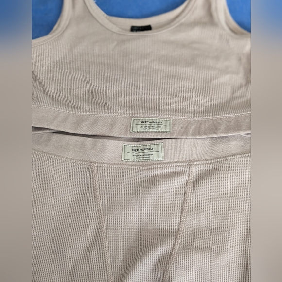 H&M Pajama tank top and Long Pants in Waffle Texture, cotton-blend Cream Sz M - Picture 4 of 10